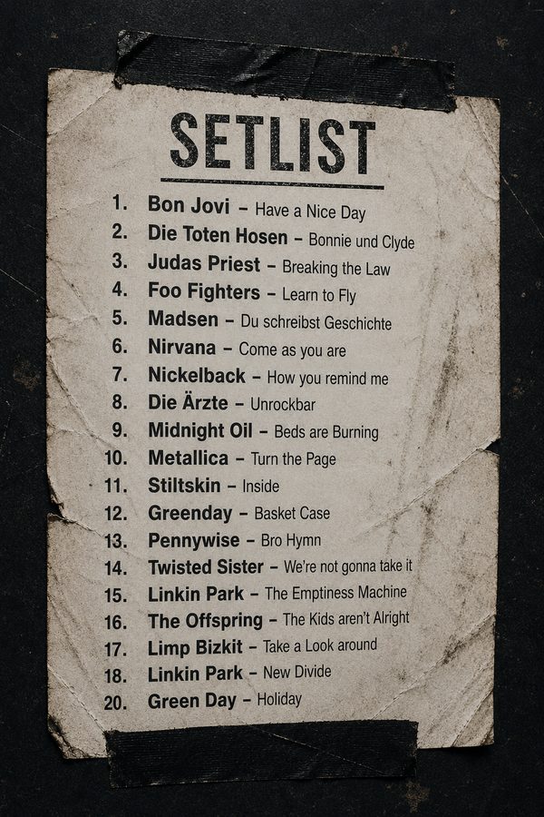 Abgeklebte Setlist mit 20 Rocksongs